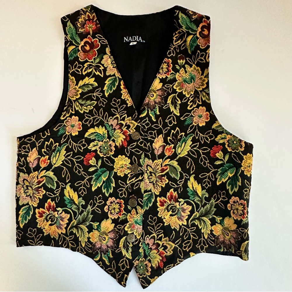 Vintage Nadia Black‎ Floral Tapestry Vest Italian Fabric Made USA M/L 90s Y2K